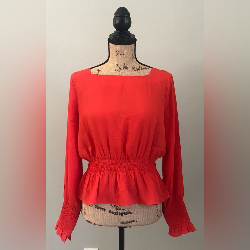 ANN TAYLOR POPPY RED BOAT NECK CINCHED SMOCKED WAIT PEPLUM BLOUSE TOP NWOT SMALL